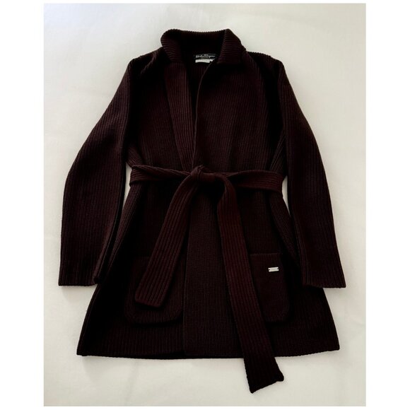 RARE Salvatore Ferragamo Collared Wrap Cardigan Sweater | Brown | Size Small - Picture 2 of 8